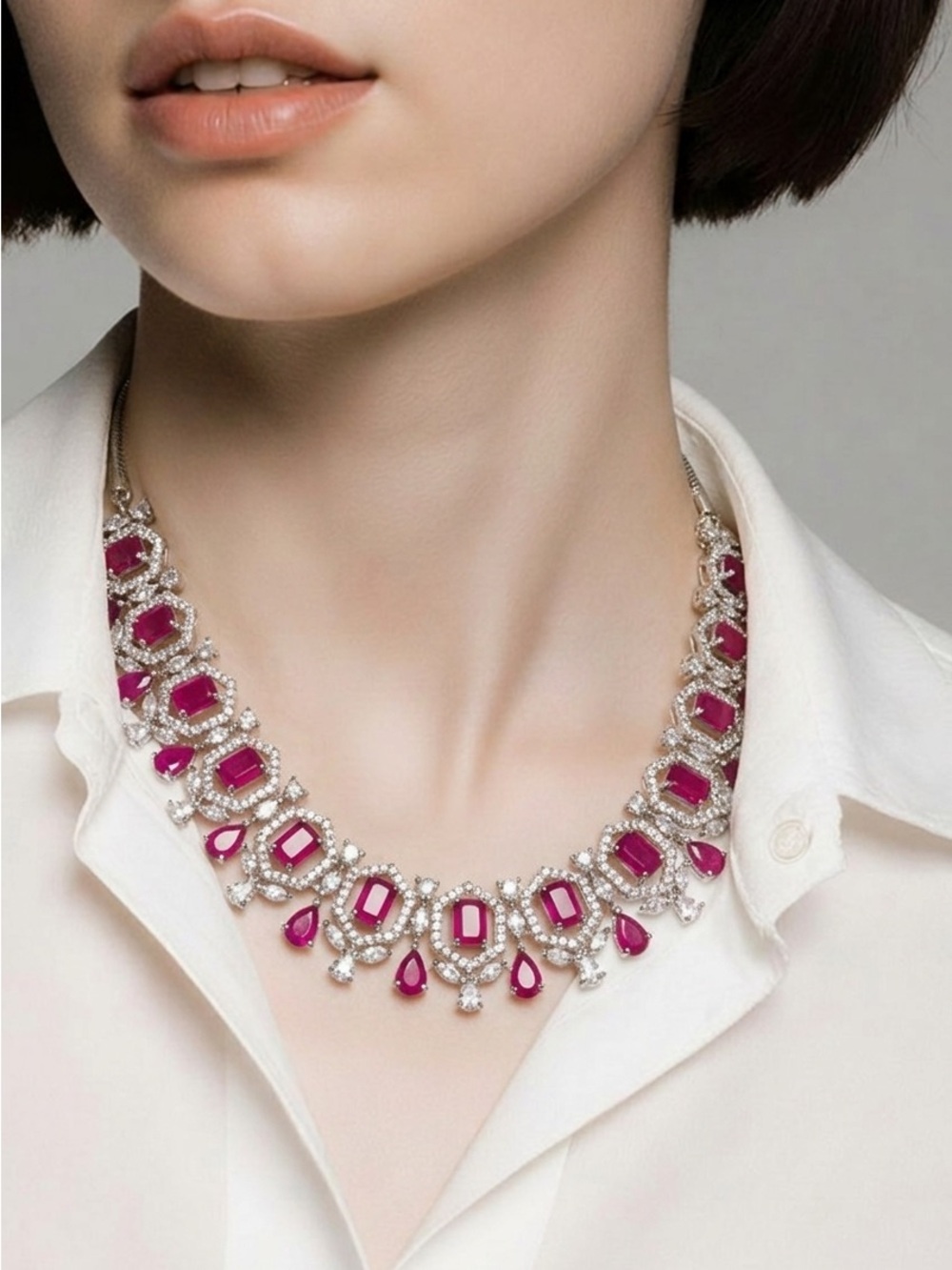 Elegant Pink Gemstone and Silver Statement Necklace